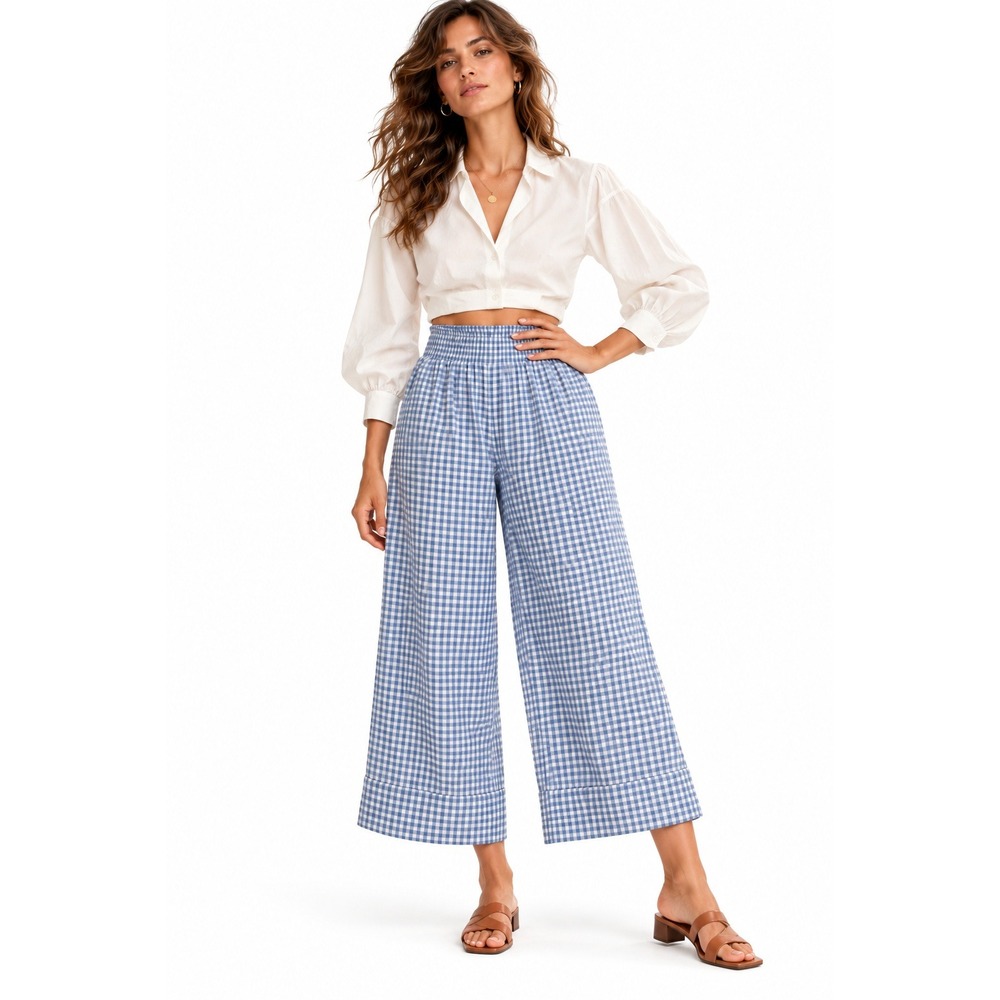 Allie Rose Smock Waist Wide Leg Cropped Pants Blue Gingham Cotton Linen XL